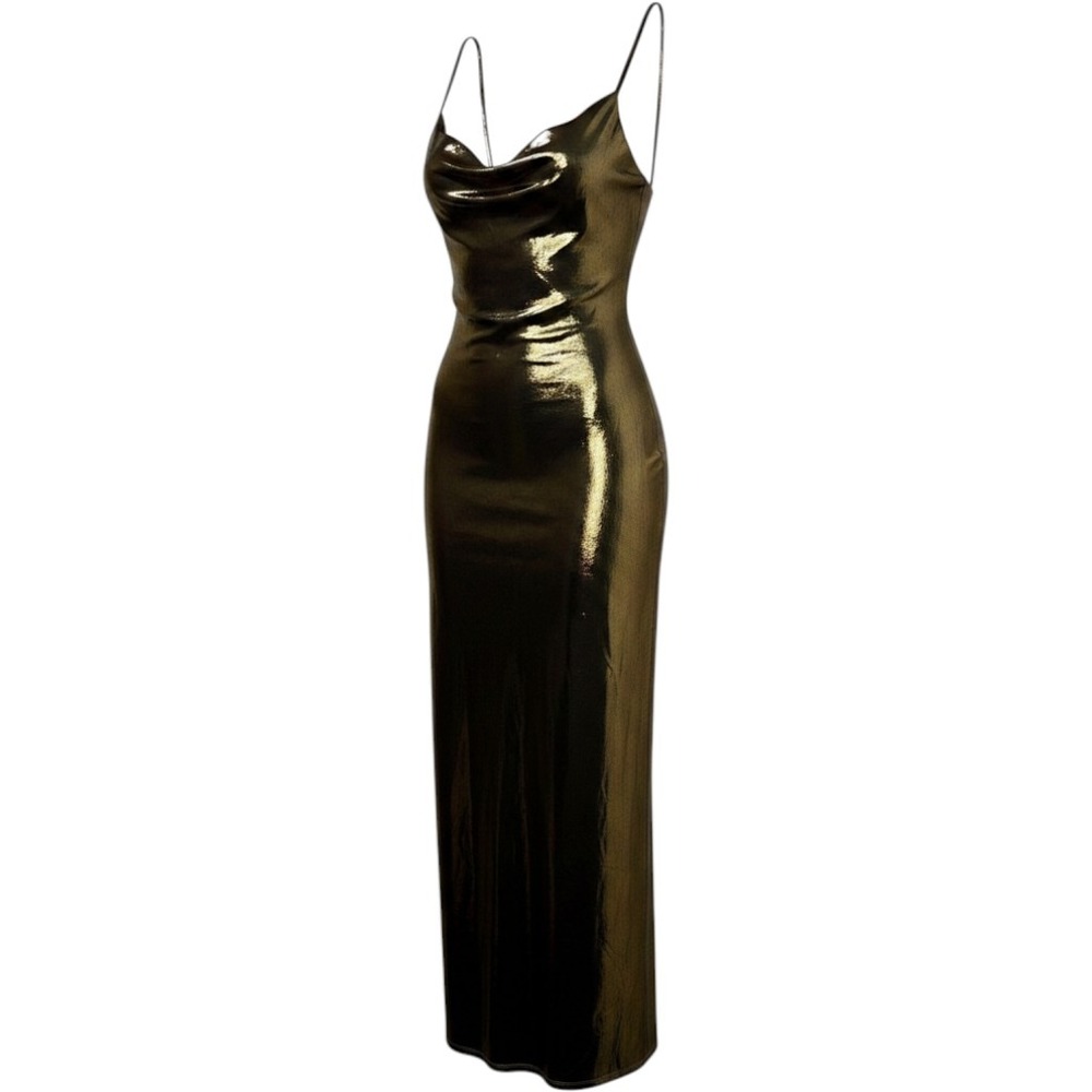 Johnny Wujek Party Gold Metallic Cowl Neck Maxi Dress XL Spaghetti Strap‎ Gown